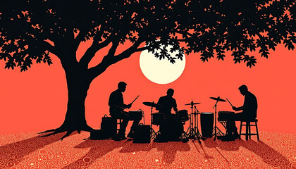 Traditional beninese musicians performing under tree with sunset silhouette.