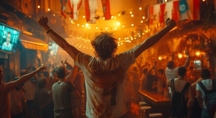 A lively crowd bursts with energy and excitement, celebrating together in a vibrant atmosphere filled with music, laughter, and shared joy in a bustling setting.