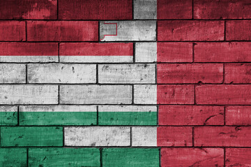 colourful painted big national flag of malta and flag of hungary on a massive old brick wall background. concept