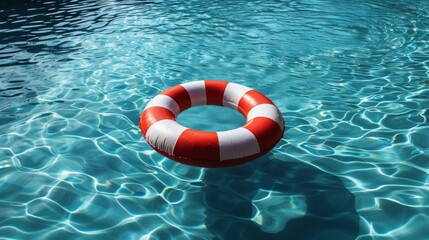 Naklejka premium This image features a classic red and white lifebuoy floating serenely in clear blue water, symbolizing safety, hope, and the tranquility of leisurely days by the pool.