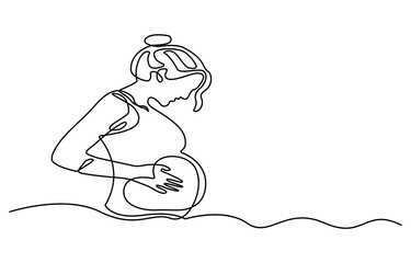 Continuous line drawing of a pregnant woman. One line drawing of a pregnant woman. Pregnant belly. Minimalist contour illustration of a happy mother.