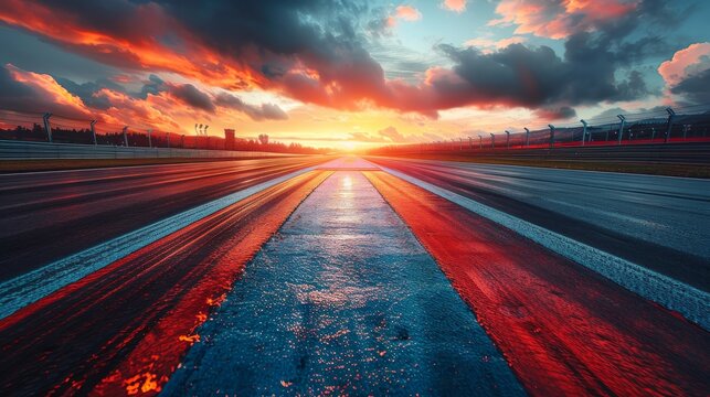 Fototapeta A breathtaking view of a race track glistening in the light of a dramatic sunset captured at an angle, showcasing rich colors and intense emotional landscape.
