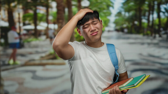 Student holding notebooks in city street looks puzzled with hand on head, wearing casual white shirt and blue backpack amid urban backdrop.
