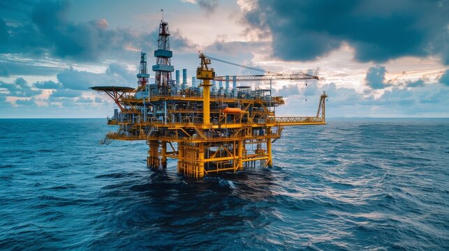 An impressive oil platform stands majestically over calm ocean waters during sunset, representing the energy sector's influence over nature's beauty and resources.