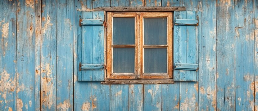 Old blue wooden window on rustic house exterior - Powered by Adobe