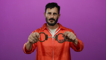 Hispanic man with beard in a prison jumpsuit holds handcuffs against a vibrant pink background,...