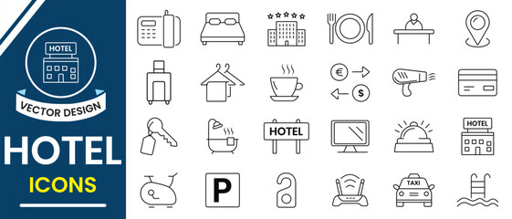 Hotel line icon vector set. Hotel services related icons such as bed, key, swimming pool, plate, phone icon, luggage, car. Vector illustration.