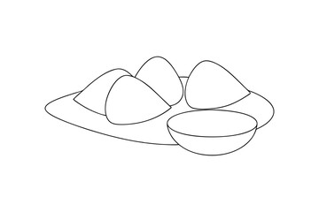Line drawing of four dumplings served with a small bowl of dipping sauce