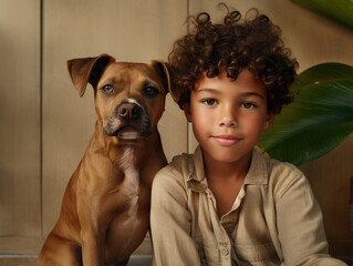 Obraz na płótnie Canvas A heartwarming image of a young boy sitting beside his loyal dog in a cozy indoor space filled with plants, showcasing the bond between pets and their human companions in comfort.