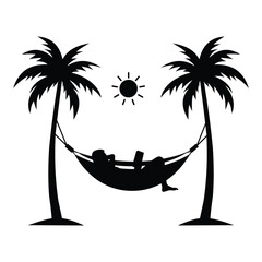 Person relaxing on Hammock icon, vector design. Silhouette of hammock symbol for relaxing, Hammock between palm trees vector silhouette. Vector illustration. tropical island with palm trees