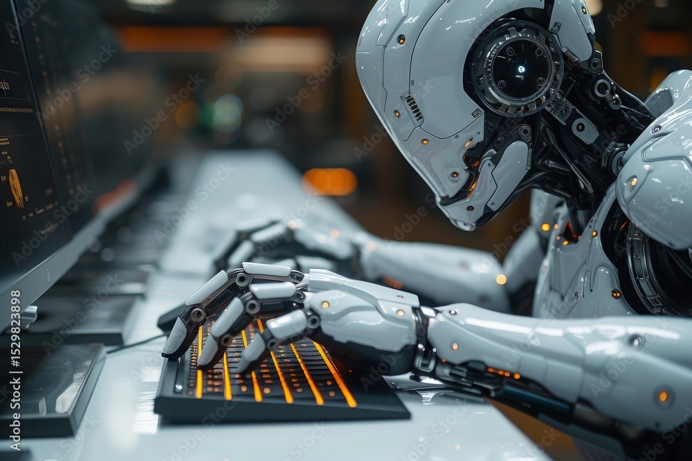 Poster a sleek robot engages in typing at a modern workstation, showcasing advanced technology and the inte