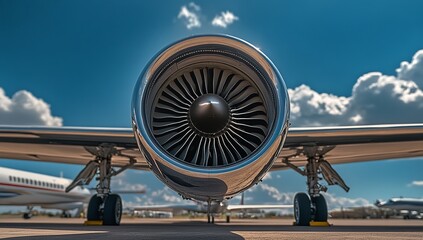 Detailed front view of aircraft jet engine with metallic finish under bright sky, ideal for aerospace, travel, or industrial engineering concepts