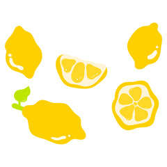 lemon collection with stem, leaf, and cut pieces