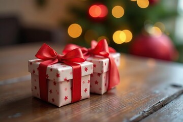 Small presents with satin ribbons, wooden tabletop, scene, texture, colorful