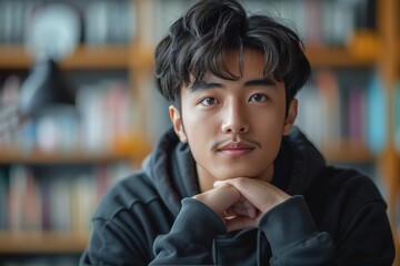 A thoughtful young man rests his chin on his hands in a cozy study; his expression reflects contemplation, study, and the pursuit of knowledge in a scholarly environment.