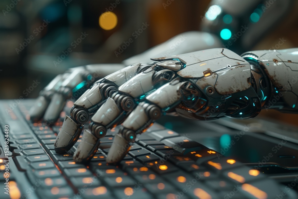 Aufkleber a close-up view of a futuristic robot's hand interacting with a keyboard, showcasing advanced techno