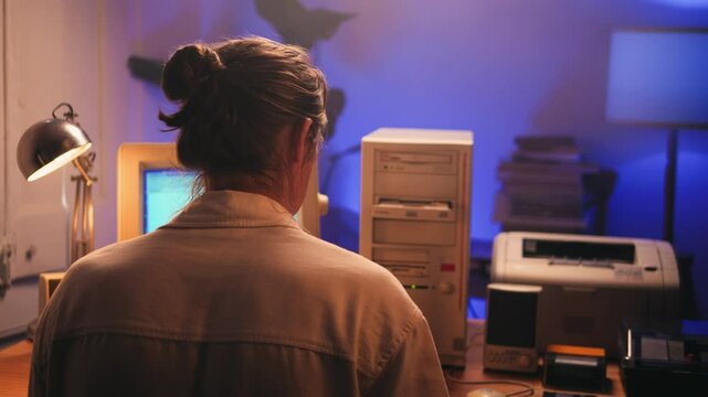 Using CD circle disk for old computer. Dvd player, disc drive. Music recorder, playing retro computer games. 