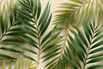 Elegant wallpaper with a pattern of green palm leaves on a beige background, perfect for adding a touch of nature and tranquility to any space