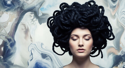 Serene Woman with Intricate, Twisted Hair Sculpture