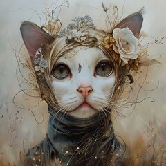 Anthropomorphic cat, Portrait of a white cat with large eyes wearing an ornate headpiece adorned with flowers, branches, and delicate swirling elements, Illustration