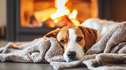 A brown and white beagle dog lies comfortably on a textured blanket in front of a warm, blurry fireplace, looking directly at the viewer.