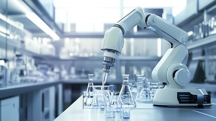 A chemistry lab with a robotic arm assisting in experiments 