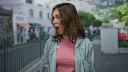 Woman reacts outdoors on city street showcasing surprise expression with urban backdrop emphasizing...