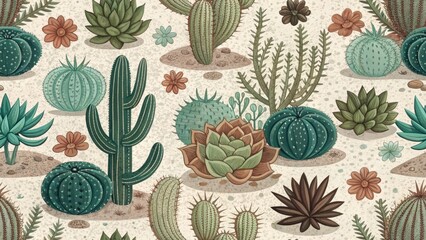 Desert cactus and succulent seamless pattern