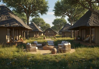 Obraz premium Luxury safari lodge overlooking the vast Serengeti landscape during golden hour. Scenic view of wildlife plains, acacia trees, and open skies in Tanzania.