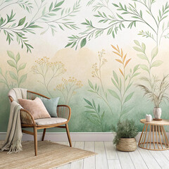 Boho Style Living Room Interior with Hand-Painted Botanical Wall Mural and Natural Decor

