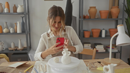 Woman wearing apron taps smartphone with fingers in pottery studio; creativity focus inspiration craftsmanship.