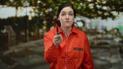 Woman in orange jumpsuit holds knife outdoors on street, creating a suspenseful and intense atmosphere.