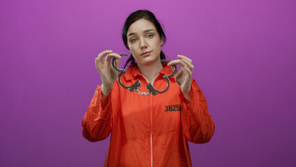 Woman with brunette hair wearing an orange prison jumpsuit holds handcuffs, set against a vibrant...