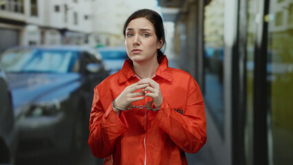 Woman with brunette hair in prison jumpsuit and handcuffs stands outdoors on street, conveying...