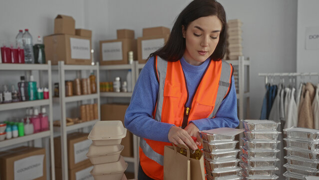 Woman volunteer in orange vest packing food in donation center with shelves full of supplies, focusing on community aid indoors with organized items in background.