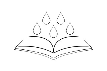 Open book with rain drops line drawing illustration
