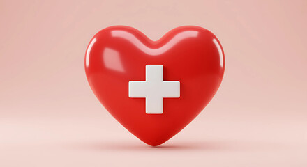 A glossy red heart adorned with a white cross, symbolizing health and care, set against a soft pink backdrop
