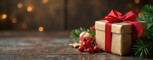 Sparkling presents, twine accents, aged wood backdrop, still life, vintage