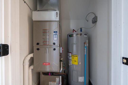 Detroit, Michigan -USA- May 9, 2025: home has been updated with a new furnace and hot water tank installed in the basement