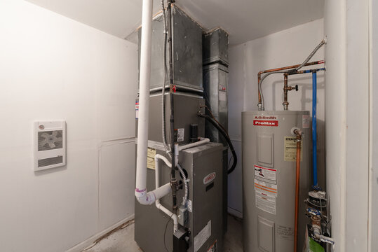Detroit, Michigan -USA- May 9, 2025: home has been updated with a new furnace and hot water tank installed in the basement