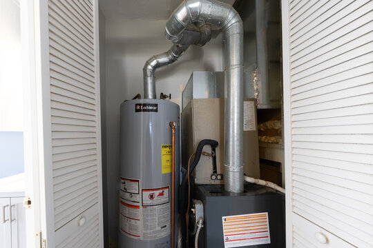 Detroit, Michigan -USA- May 9, 2025: home has been updated with a new furnace and hot water tank installed in the basement