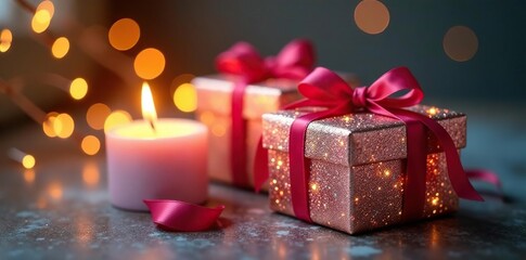 Sparkling gift boxes with silk ribbons; soft candle glow, shine, gift box, anniversary