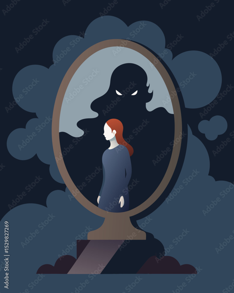 Poster my reflection in the mirror is shrouded in a cloud of negativity and toxicity overshadowing any hint