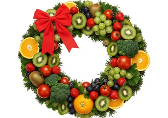 Festive wreath adorned with fresh fruits, vegetables and a red bow