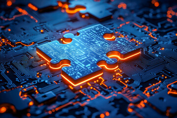 Futuristic illuminated circuit board with a glowing puzzle piece design