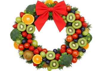 Festive wreath made of fruits and vegetables with a red bow