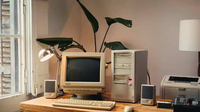 Retro pc computer gaming, Desktop vintage with loading code console, programmer making scripts, green basic screen, Old computer studio close-up, retro wave display, late 90s PC.