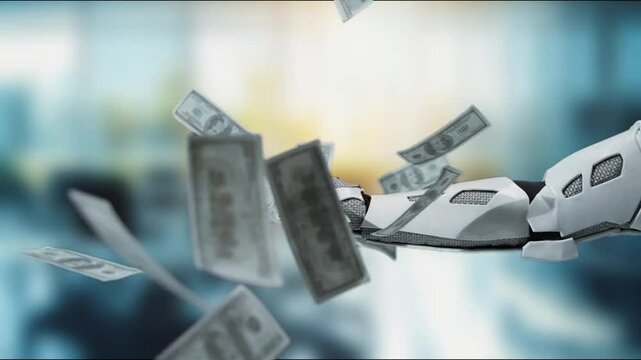 A robotic hand reaching for floating dollar bills embodies the intersection of innovation and finance in a rapidly evolving economic landscape. MZL