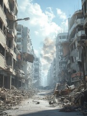 War-torn city street, rubble-filled, destruction, empty buildings