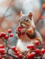 Obraz premium A cute squirrel eating red berries, a highly detailed photograph with high resolution.